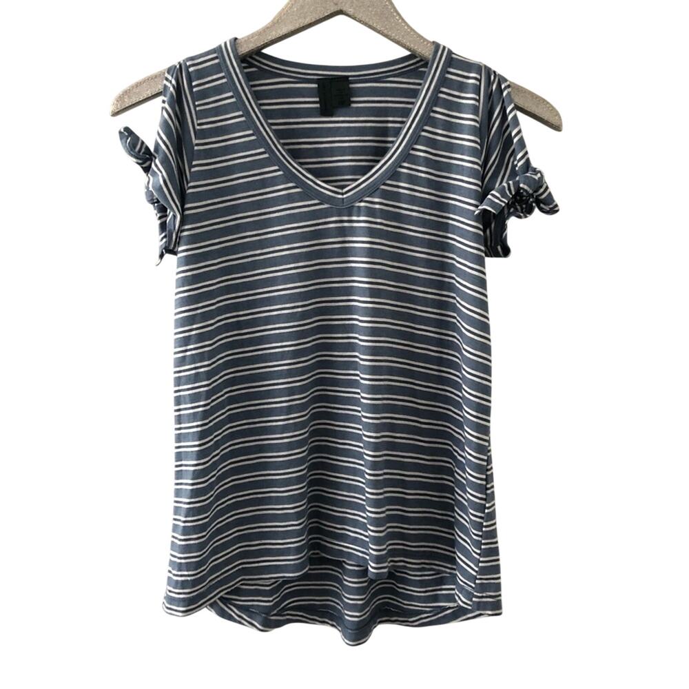 Anthropologie Left of Center Tie Cuff Tee Shirt Blue Striped NEW